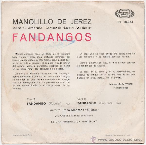 Discos de vinilo: Manolillo De Jerez - Fandangos - Foto 2