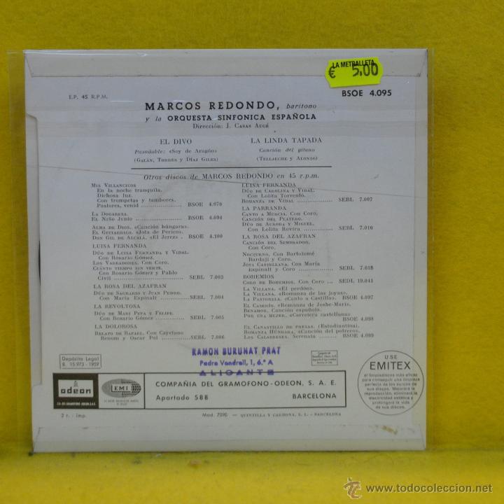 Discos de vinilo: MARCOS REDONDO - EL DIVO - SINGLE - Foto 2