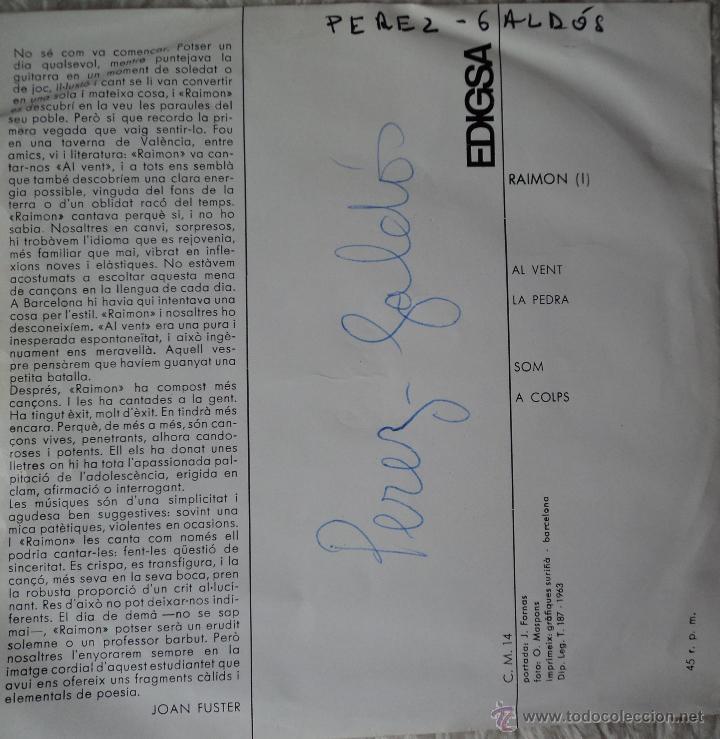 Discos de vinilo: Raimon - Al vent - Edici&oacute;n de 1962 de Espa&ntilde;a - Foto 2
