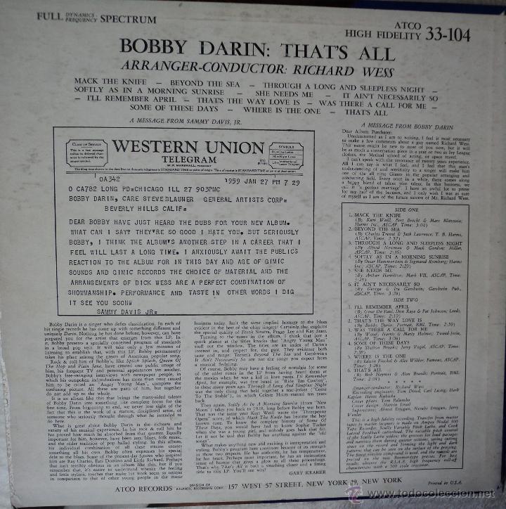 Discos de vinilo: Bobby Darin - Thats All - Edici&oacute;n de 1959 de USA - Foto 2