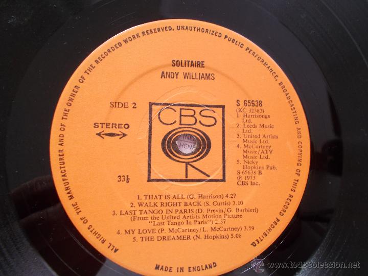 Discos de vinilo: ANDY WILLIAMS  SOLITAIRE - Foto 2