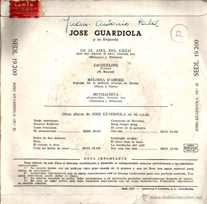 Discos de vinilo: EP JOSE GUARDIOLA : EN EL AZUL DEL CIELO - Foto 2