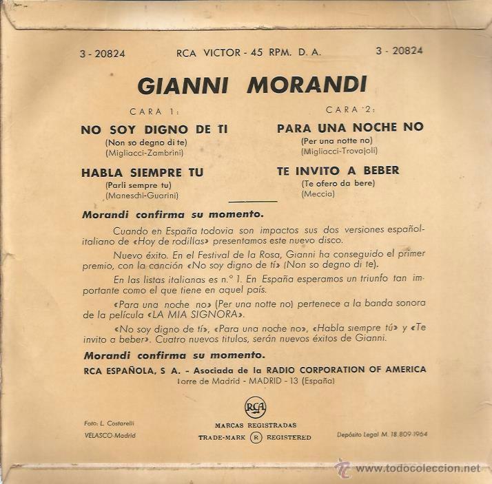 Discos de vinilo: EP GIANNI MORANDI : NO SOY DIGNO DE TI + 3 - Foto 2