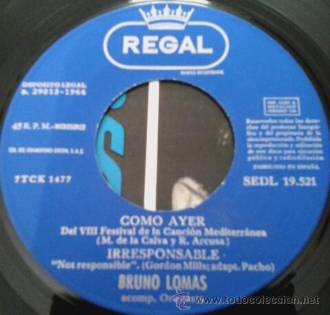 Discos de vinilo: BRUNO LOMAS -EP- COMO AYER + 3 RARE SPAIN 60S - Foto 3
