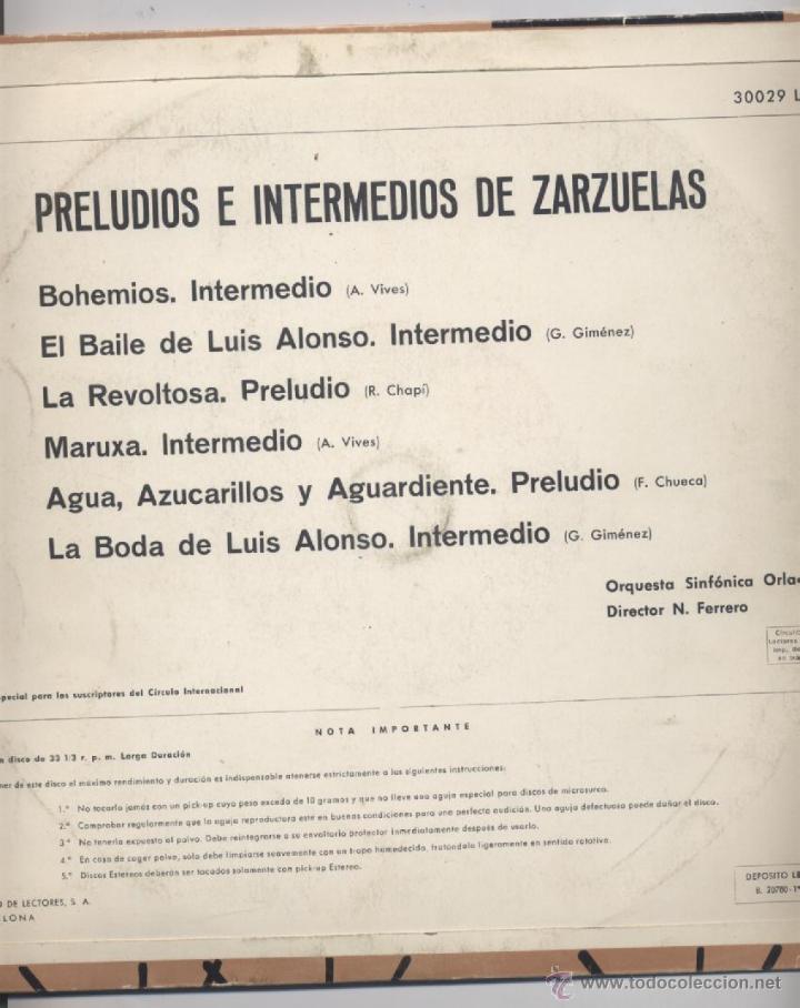Discos de vinilo: PRELUDIOS E INTERMEDIOS DE ZARZUELAS - Foto 2