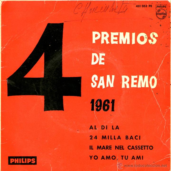 Discos de vinilo: 4 PREMIOS DE SAN REMO 1961. AL DI LA - Foto 1
