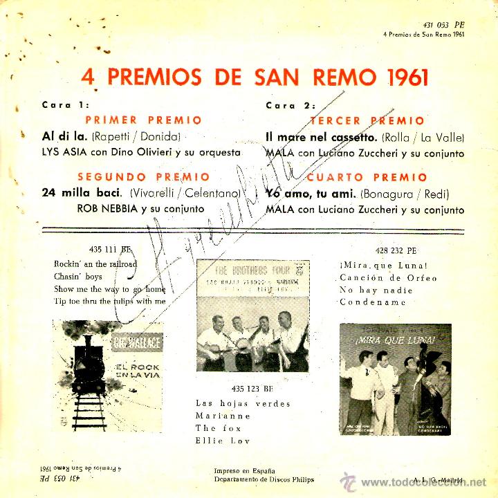 Discos de vinilo: 4 PREMIOS DE SAN REMO 1961. AL DI LA - Foto 2