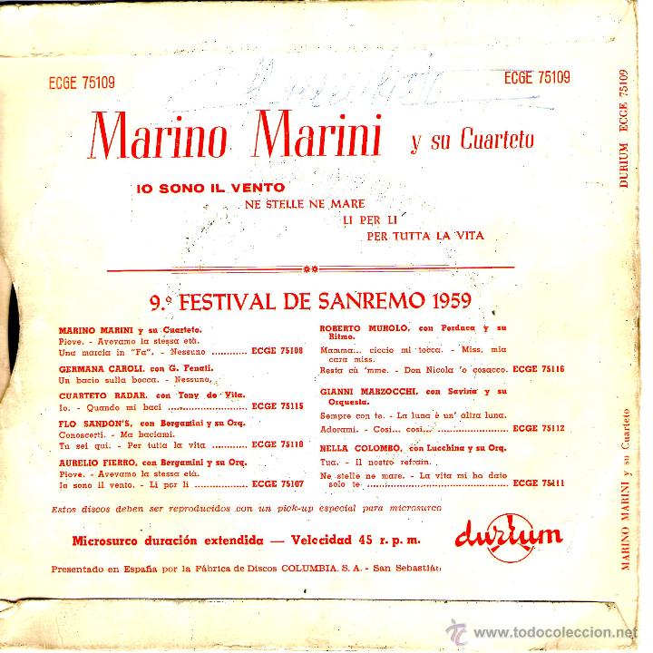 Discos de vinilo: MARINO MARINI SANREMO 1959 - Foto 2