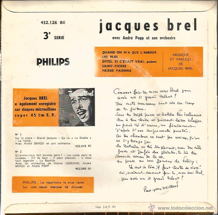 Discos de vinilo: EP JACQUES BREL : QUAND ON N&acute;A QUE L&acute;AMOUR + 3 - Foto 2