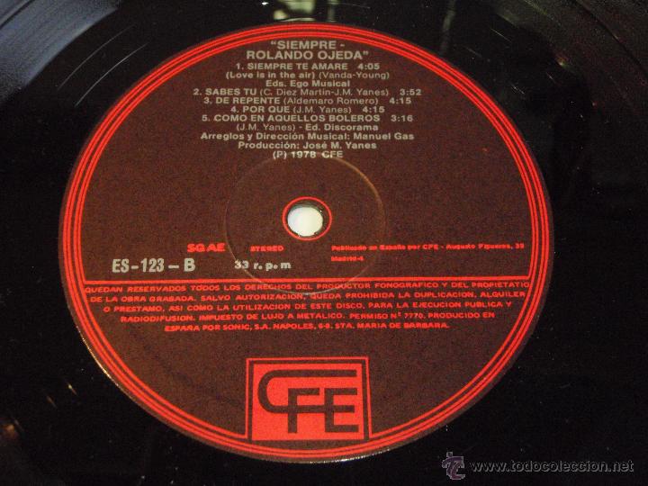 Discos de vinilo: ROLANDO OJEDA ( SIEMPRE ) 1978 - SPAIN LP33 CFE - Foto 5