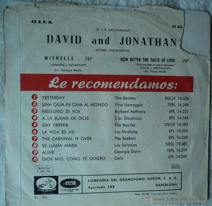 Discos de vinilo: David & Jonathan - Michelle - Edici&oacute;n de 1966 de Espa&ntilde;a - Foto 2