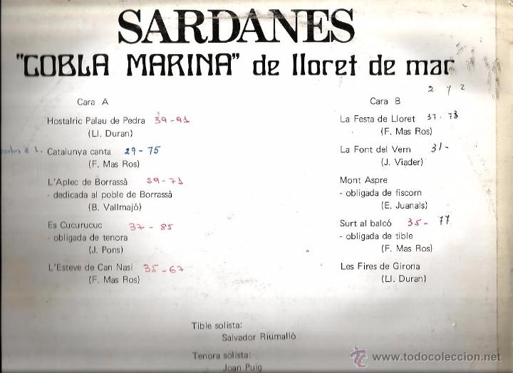 Discos de vinilo: LP COBLA MARINA DE LLORET DE MAR :  SARDANES - Foto 2