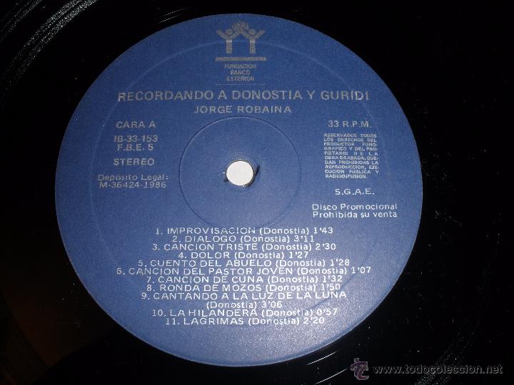 Discos de vinilo: JORGE ROBAINA - RECORDANDO A DONOSTIA Y GURIDI - Foto 3