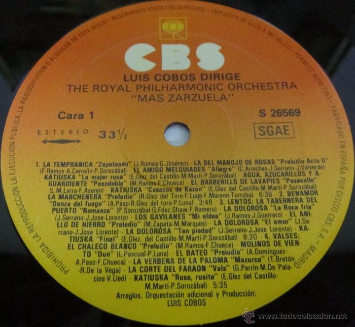 Discos de vinilo: LUIS COBOS - MAS ZARZUELA - LP - CBS 1985 SPAIN - Foto 2