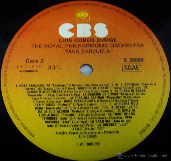 Discos de vinilo: LUIS COBOS - MAS ZARZUELA - LP - CBS 1985 SPAIN - Foto 3