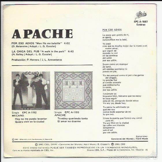 Discos de vinilo: APACHE / POR ESO ADIOS / LA CHICA DEL PUB (SINGLE PROMO 1981) - Foto 2