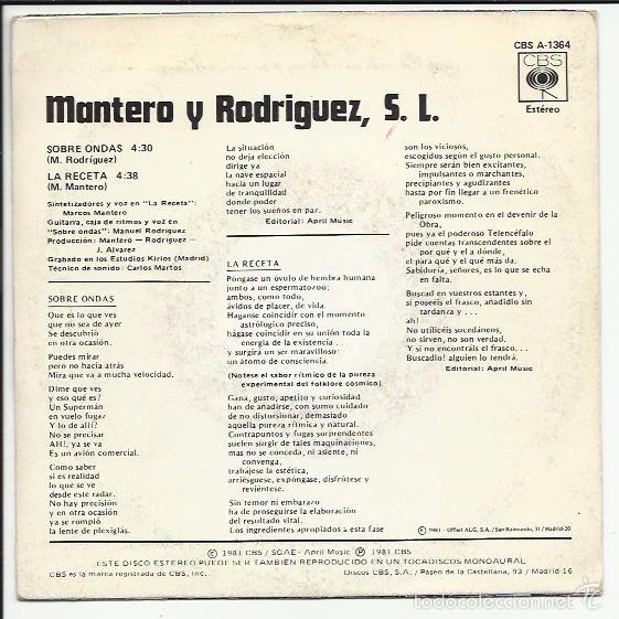 Discos de vinilo: MANTERO Y RODRIGUEZ, S.L.single SOBRE ONDAS 1981 CBS - Foto 2