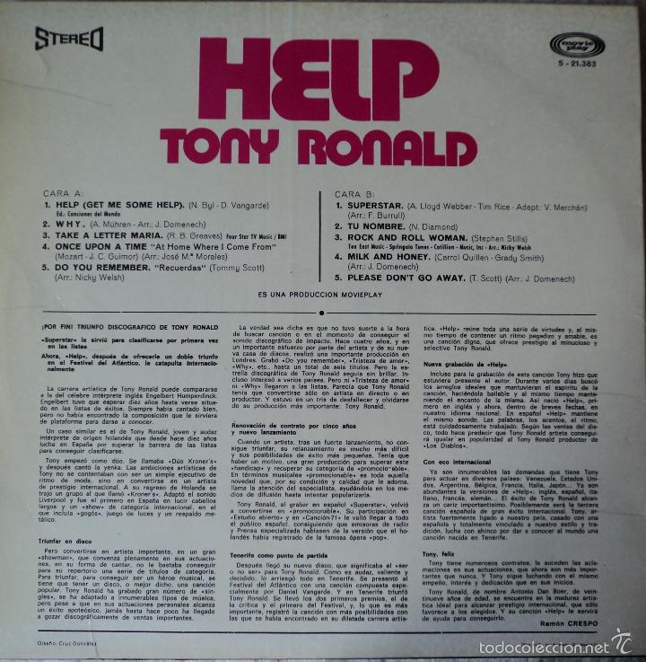 Discos de vinilo: Tony Ronald - Help - Edici&oacute;n de 1971 de Espa&ntilde;a - Foto 2