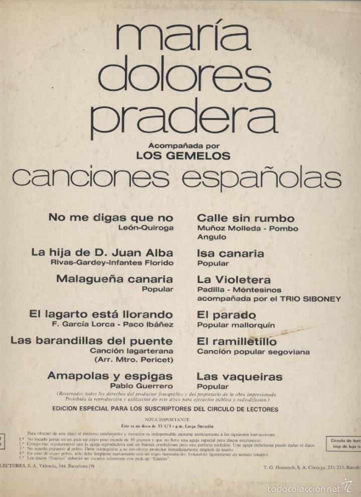Discos de vinilo: MARIA DOLORES PRADERA- CANCIONES ESPA&Ntilde;OLAS - Foto 2