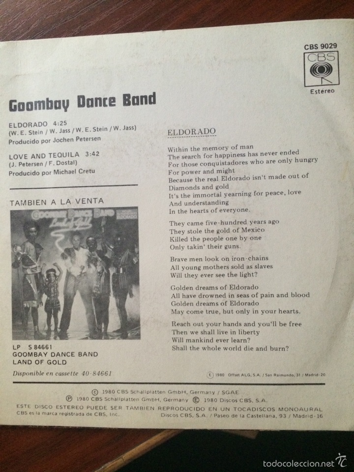 Discos de vinilo: GOOMBAY DANCE BAND-ELDORADO-PROMO-NUEVO!! - Foto 2