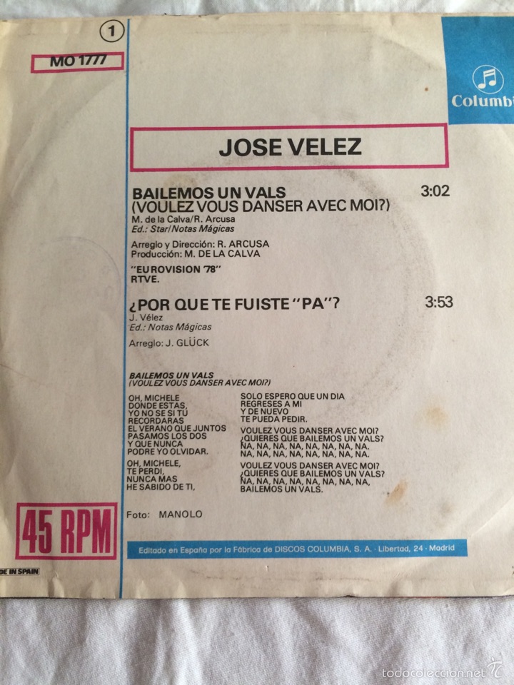 jose velez-bailemos un vals-eurovision 78 - Comprar Discos Singles Vinilos de Música Española ...