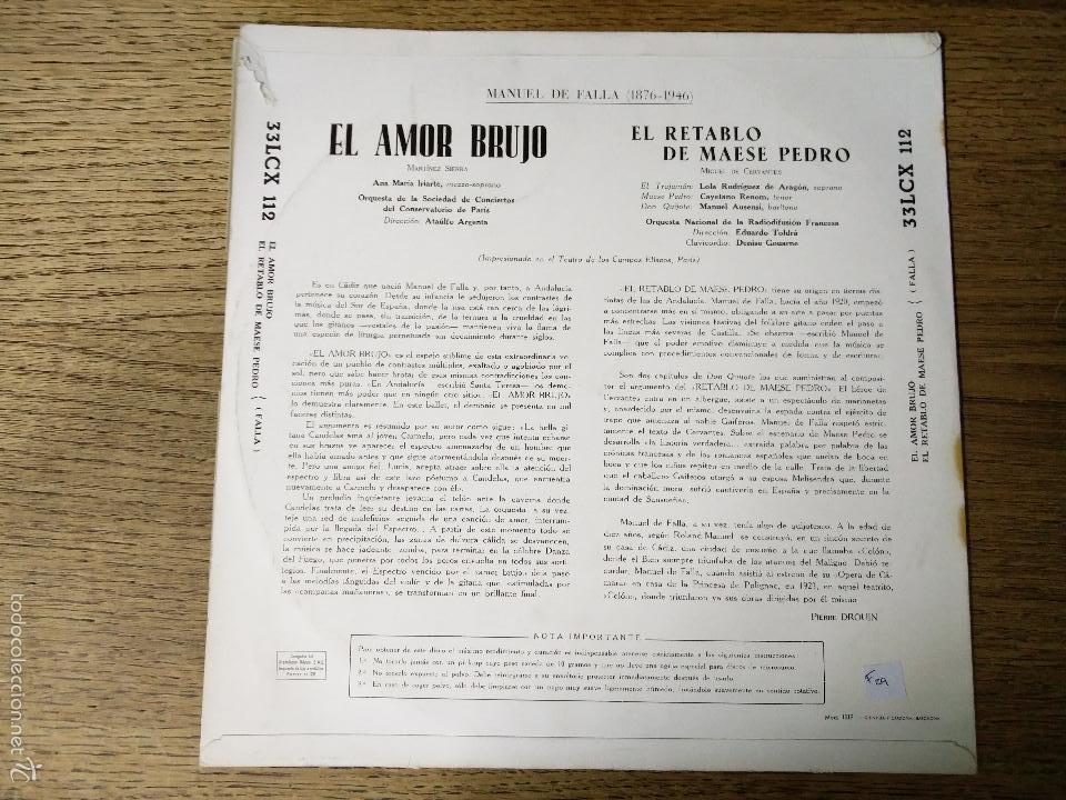 Discos de vinilo: MANUEL DE FALLA- EL AMOR BRUJO / EL RETABLO DE MAESE PEDRO - Foto 2