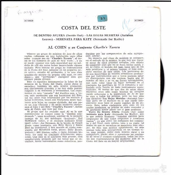 Discos de vinilo: SINGLE. AL COHN Y CONJUNTO CHARLIE&acute;S TAVERN. - Foto 1