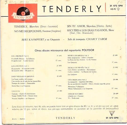 Discos de vinilo: SINGLE. TENDERLY. BERT KAEMPFERT Y SU ORQUESTA. - Foto 2