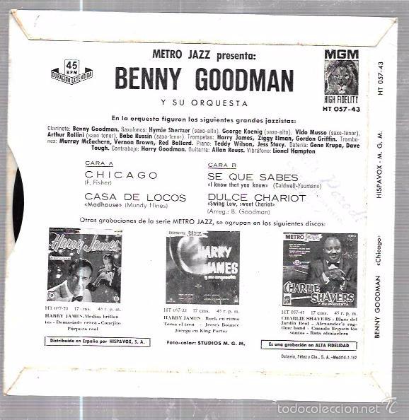 Discos de vinilo: SINGLE. METRO JAZZ PRESENTA: BENNY GOODMAN. Y SU ORQUESTA. - Foto 2