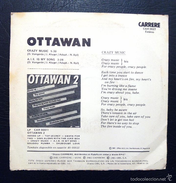 Discos de vinilo: SINGLE OTTAWAN - CRAZY MUSIC - CBS 1981. - Foto 2