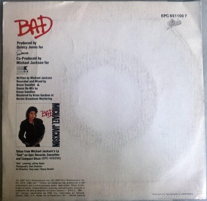 Discos de vinilo: Michael Jackson. Bad/ I can&rsquo;t help it. Epic, Spain 1987 single - Foto 2