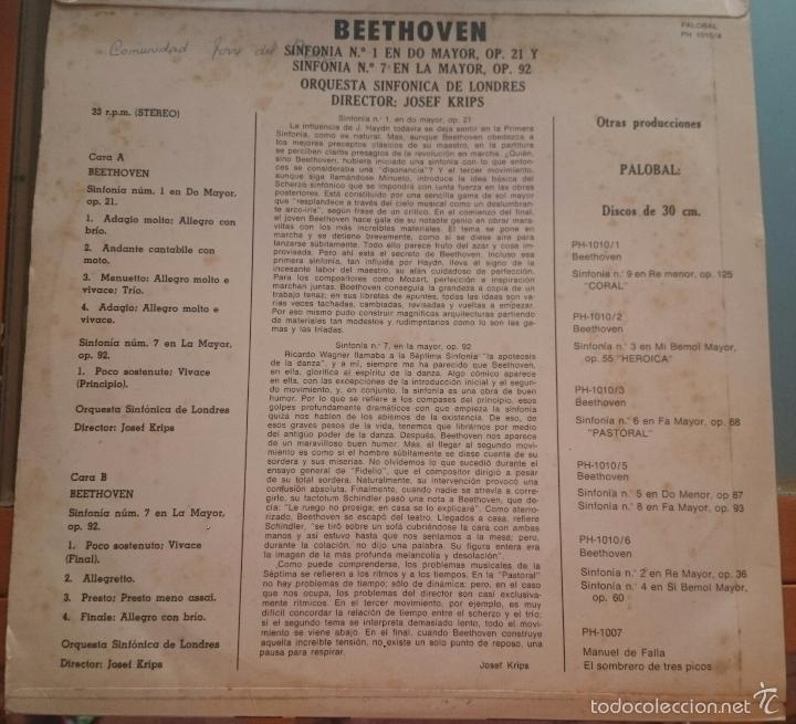 Discos de vinilo: BEETHOVEN. SINFONIA NUMERO 1 Y 7. - Foto 2