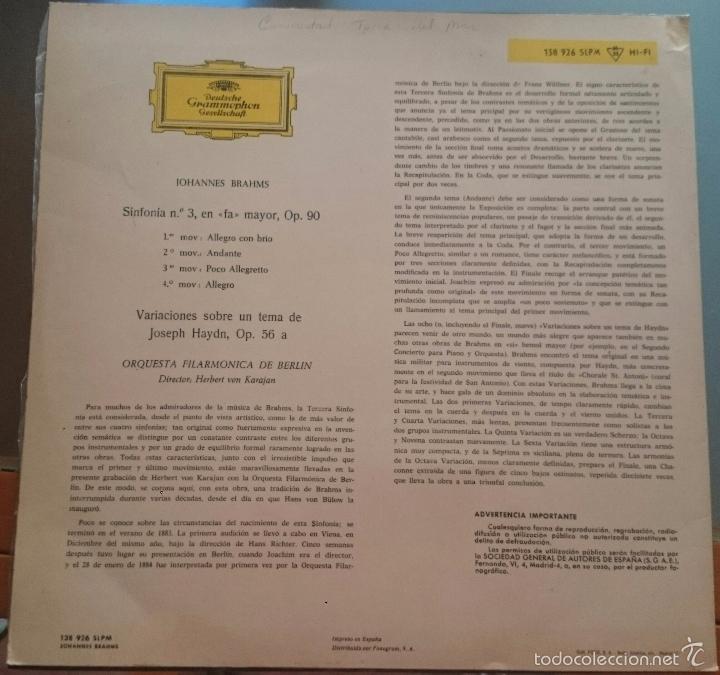 Discos de vinilo: J. BRAHMS. SINFONIA NUMERO 3 - Foto 2