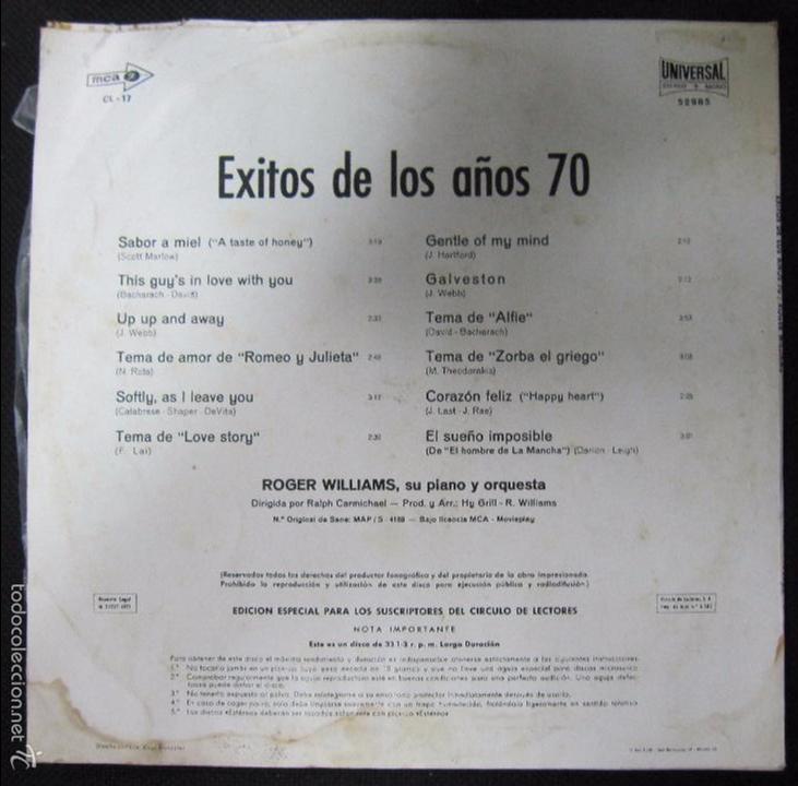 Discos de vinilo: LP. EXITOS DE LOS A&Ntilde;OS 70. ROGER WILLIAMS. UNIVERSAL - Foto 2
