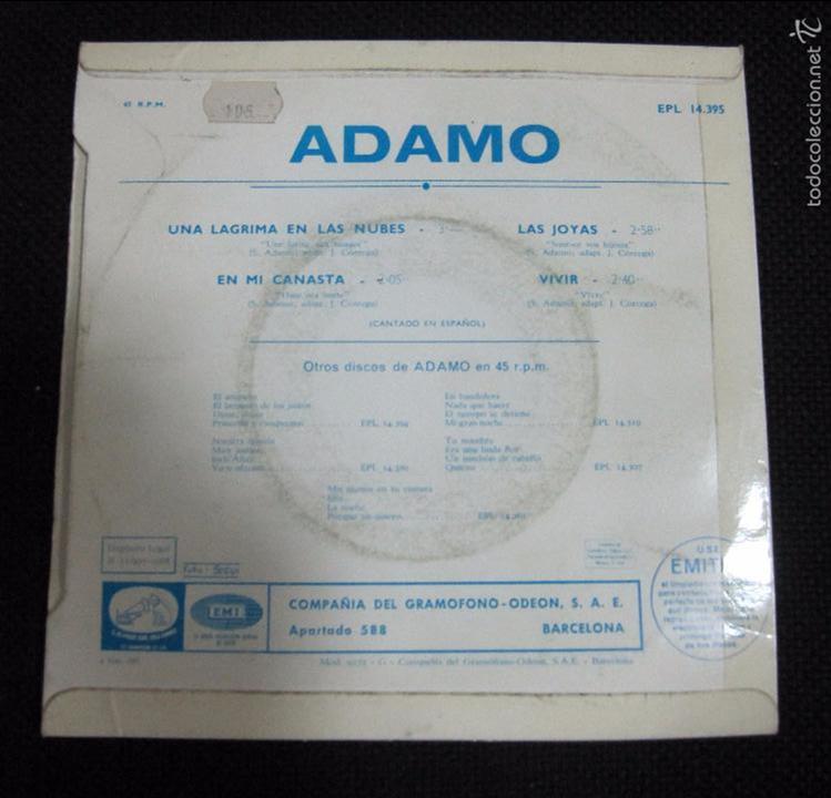 Discos de vinilo: SINGLE. ADAMO. LAS JOYAS. VIVIR. EN MI CANASTA. - Foto 2