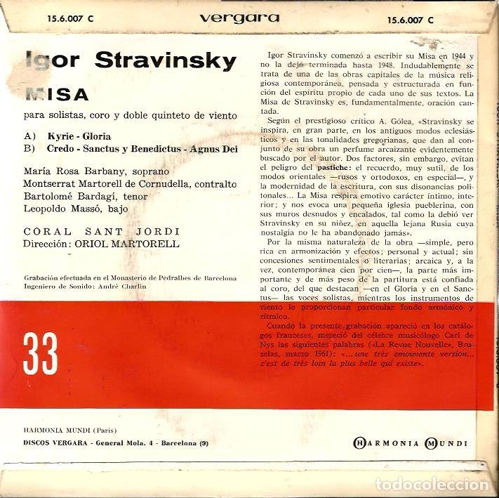 Discos de vinilo: EP CORAL SANT JORDI : MISA STRAVINSKY - Foto 2