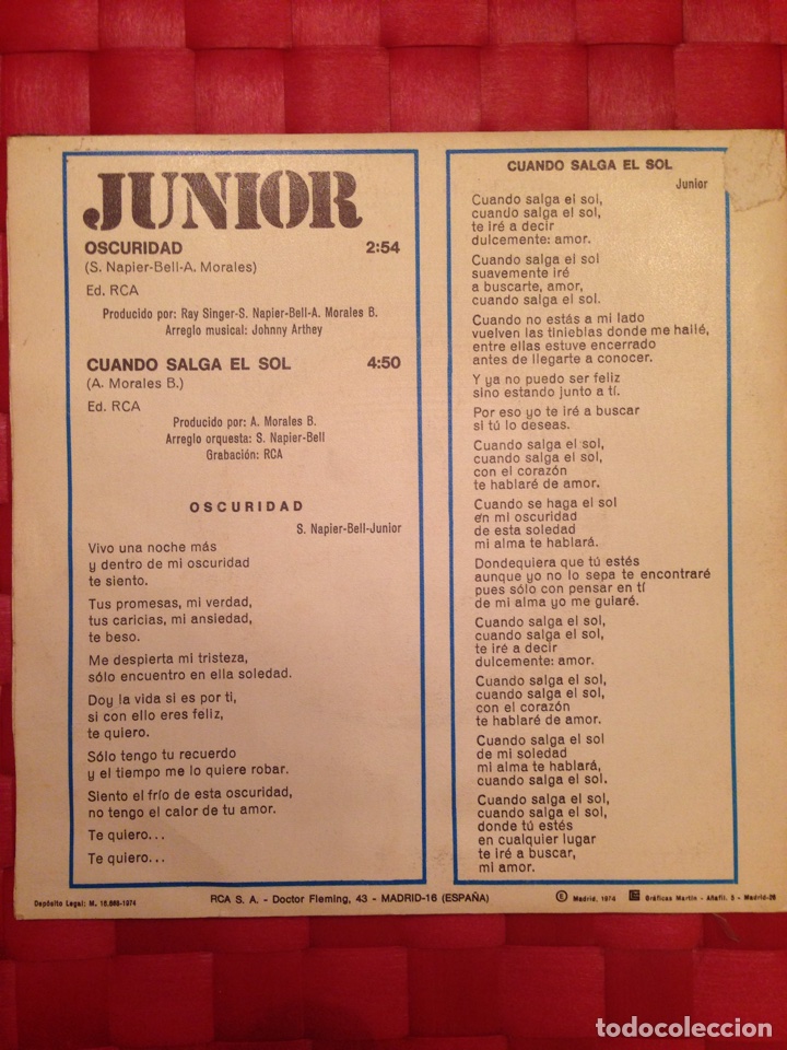 Discos de vinilo: Single JUNIOR &rdquo; Oscuridad &rdquo; - Foto 2