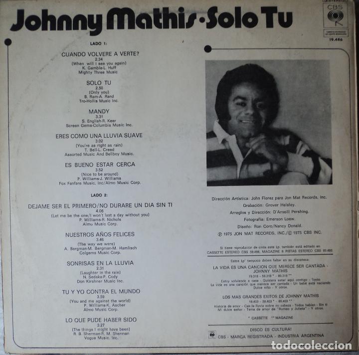 Discos de vinilo: Johnny Mathis - Solo tu - Edici&oacute;n de 1975 de Argentina - Foto 2