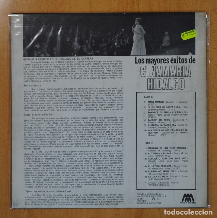 Discos de vinilo: GINAMARIA HIDALGO - LOS MAYORES EXITOS - LP - Foto 2