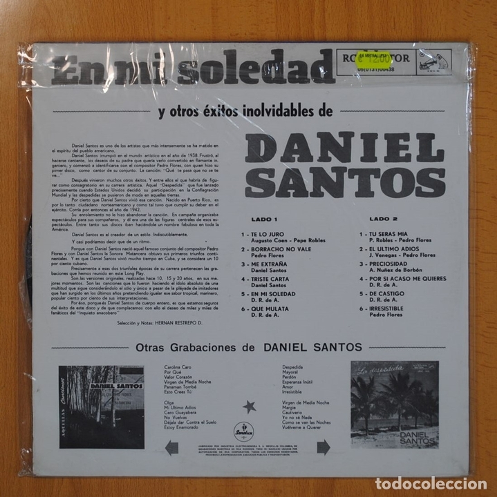 Discos de vinilo: DANIEL SANTOS - EN MI SOLEDAD Y OTROS EXITOS INOLVIDABLES - LP - Foto 2