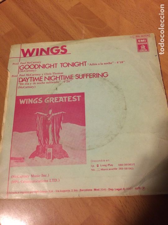 Discos de vinilo: Single wings paul McCartney adi&oacute;s a la noche - Foto 2