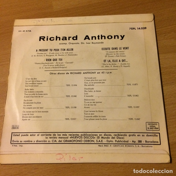 Discos de vinilo: Ep richard anthoy a present tu peux t,en aller - Foto 2