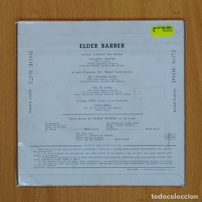 Discos de vinilo: ELDER BARBER - CANARIO TRISTE + 3 - EP - Foto 2