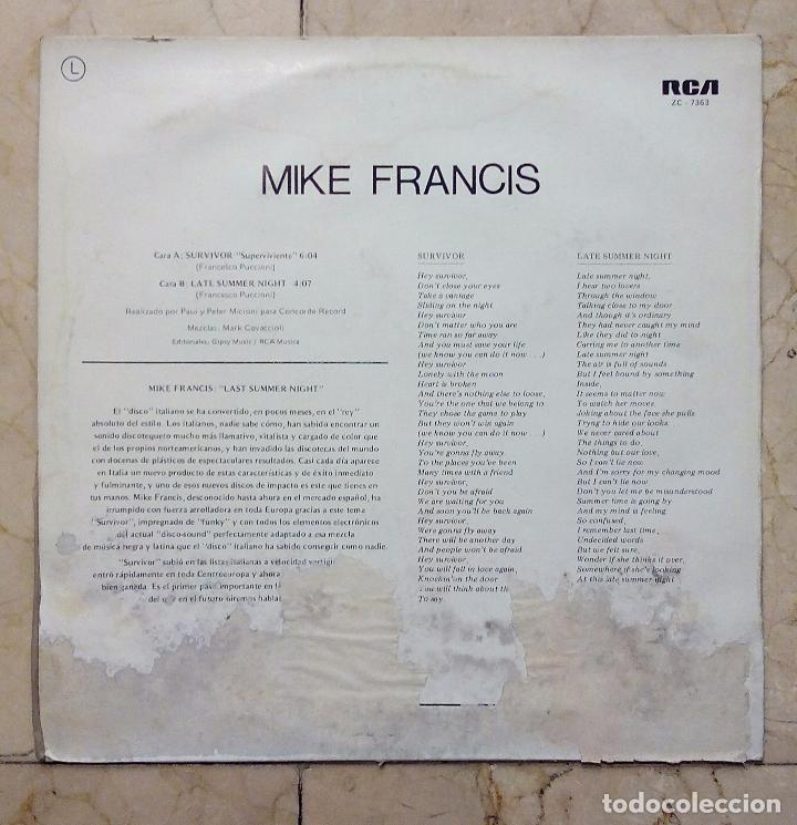 Discos de vinilo: MAXI SINGLE MIKE FRANCIS - SURVIVOR - RCA 1984. - Foto 3