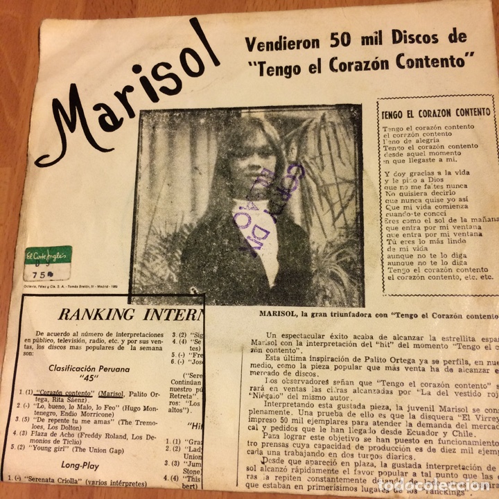 Discos de vinilo: Single Marisol coraz&oacute;n contento - Foto 2