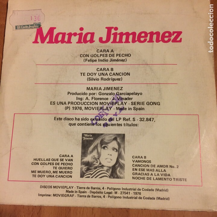 Discos de vinilo: Single maria Jim&eacute;nez con golpes de pecho - Foto 2