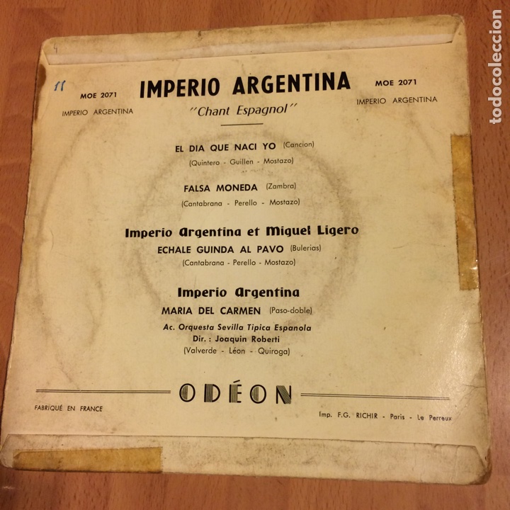 Discos de vinilo: Ep franc&eacute;s imperio Argentina el d&iacute;a que nac&iacute; yo - Foto 2