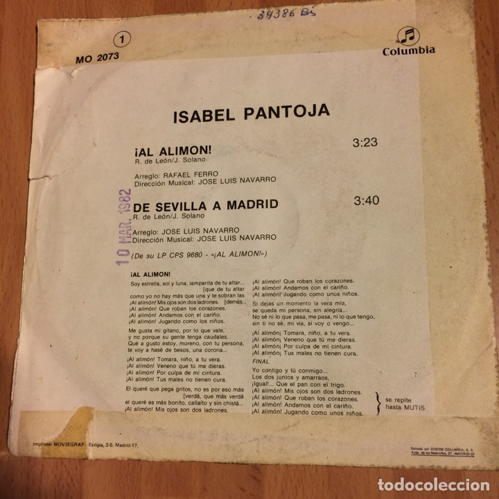 Discos de vinilo: Single Isabel pantoja al alimon - Foto 2