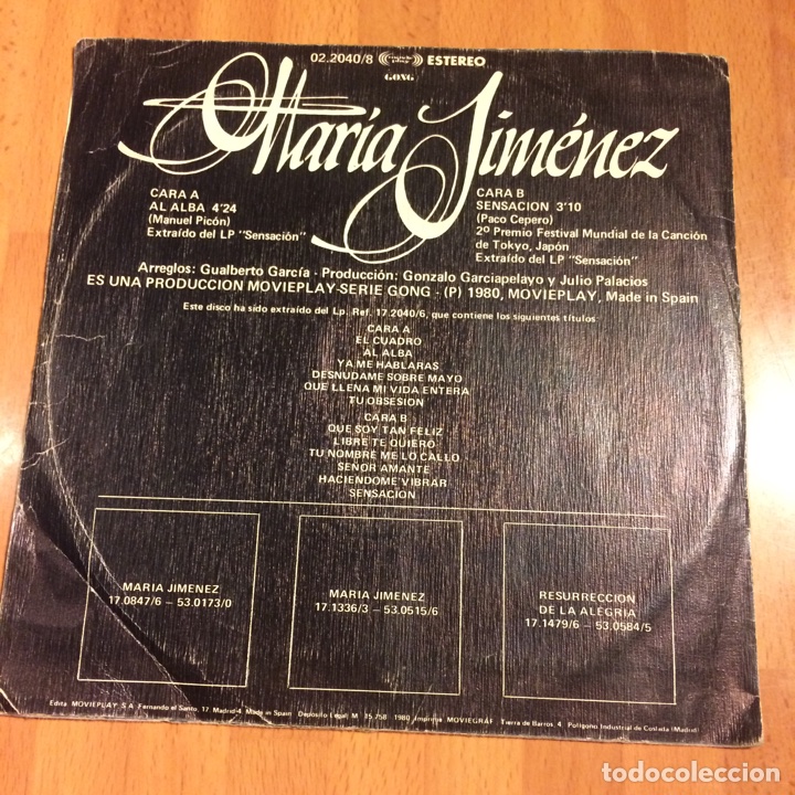 Discos de vinilo: Single maria Jim&eacute;nez al alba sensaci&oacute;n - Foto 2