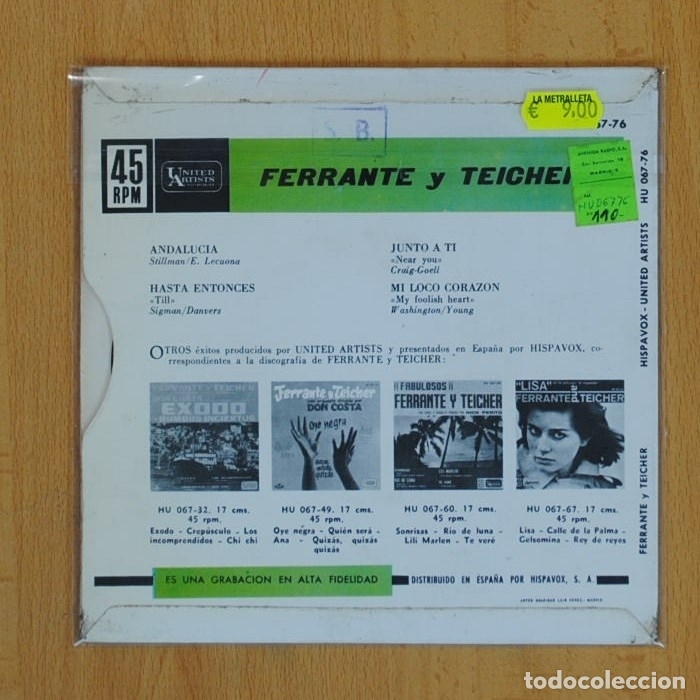 Discos de vinilo: FERRANTE & TEICHER - ANDALUCIA + 3 - EP - Foto 2